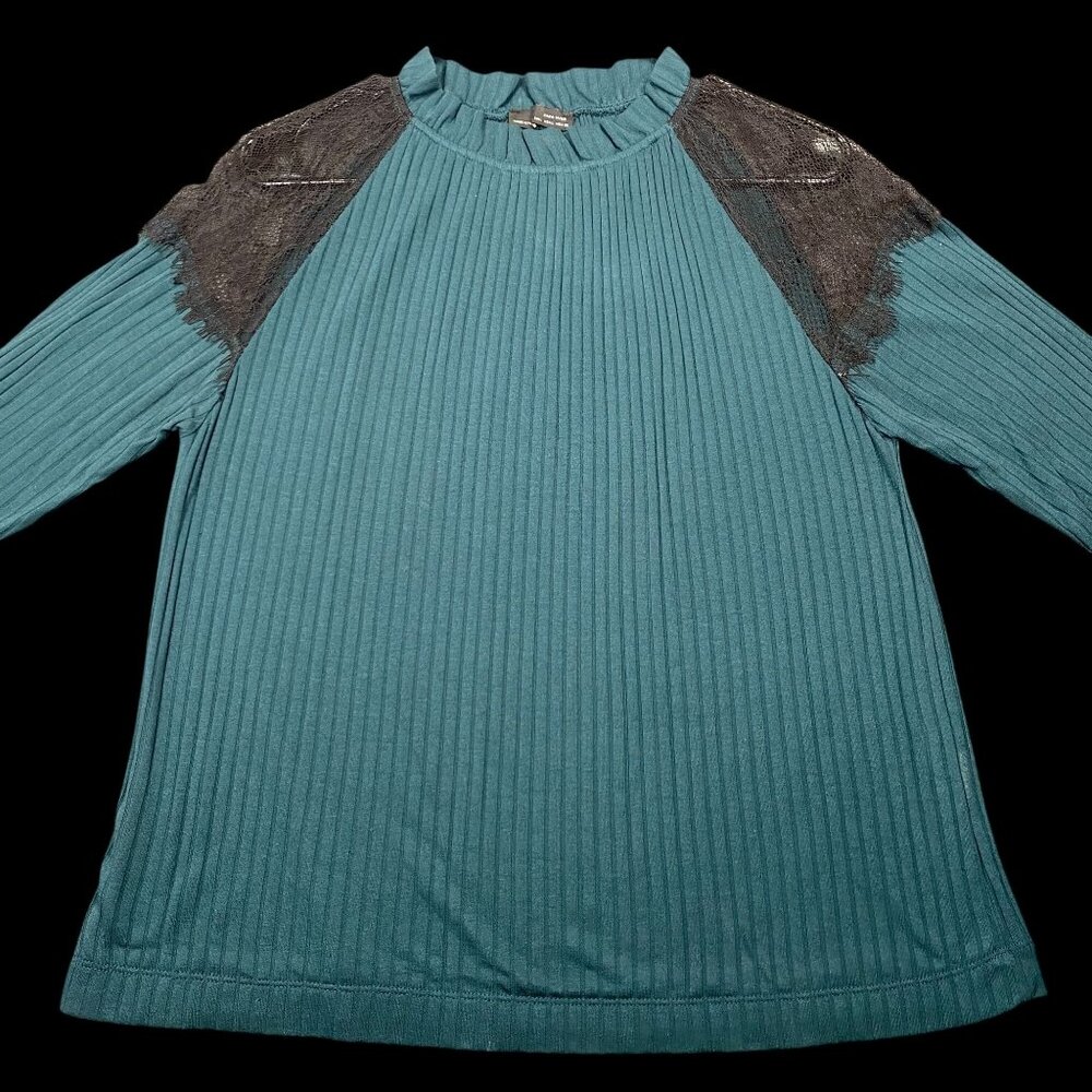 Zara W&B Teal Ribbed Long Sleeve Lace Accent Womens Top Size L Made In Portugal
